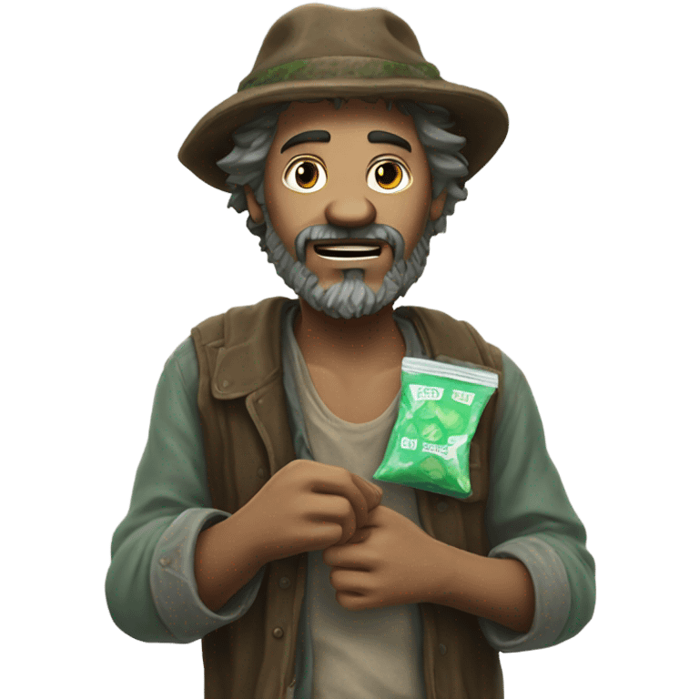 A hobo offering a mint emoji