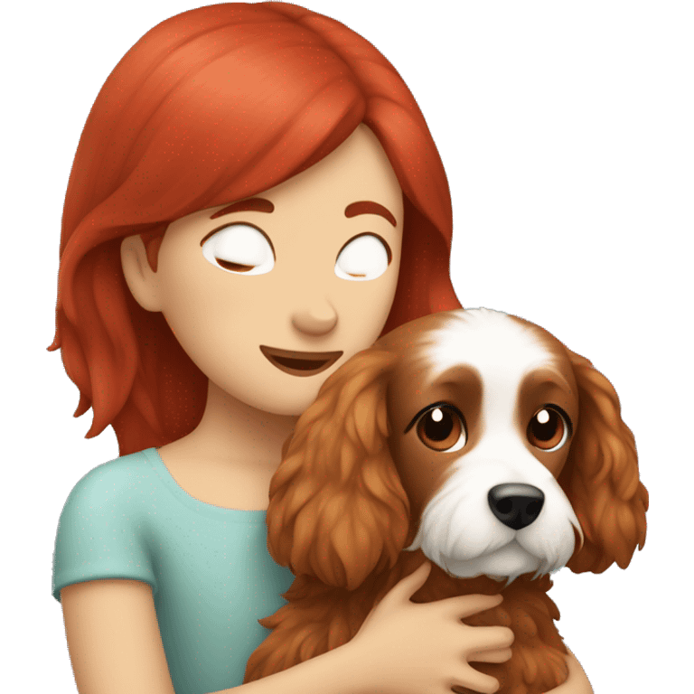 Maltipu's red-haired dog hugs a girl with dark hair emoji