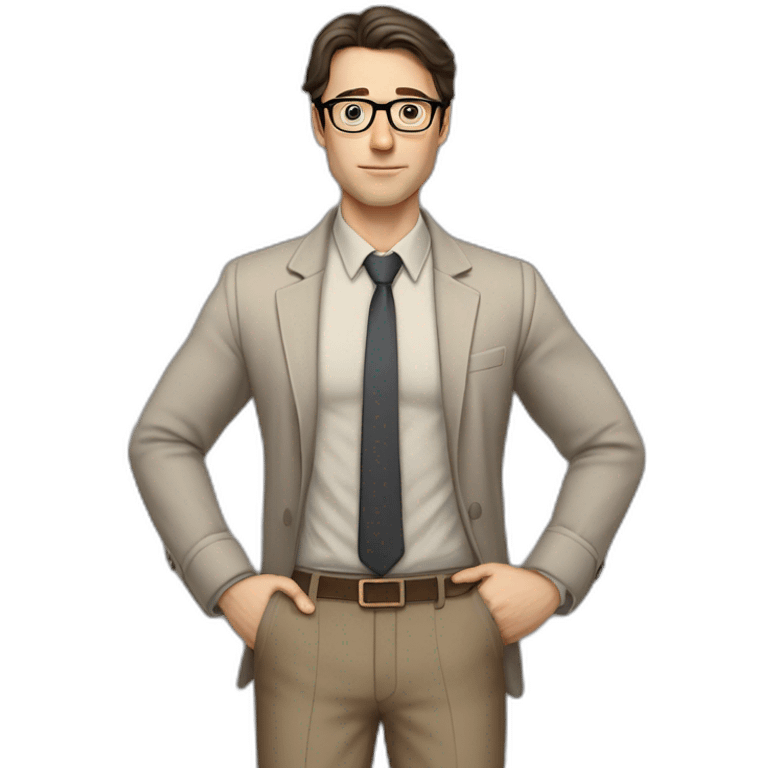 Full height Pale skinned Fit Man With dark brown hair in gray jacket, beige office shirt, tie, Brown pants and vintage glasses. Thrumbs of his palms directed up emoji