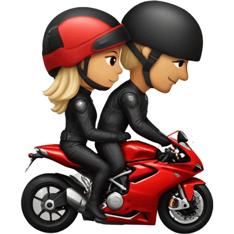 A biker couple wearing black helmet not showing face, in a red ducati 1098 motorcycle  emoji