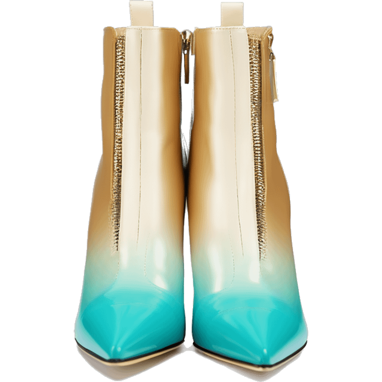 Hyper Realistic isolated front facing view of a pair of tiffany blue ,cream,and gold ombre Jimmy Choo zippered peppe toe Stiletto Heel ankle bootie boots. emoji