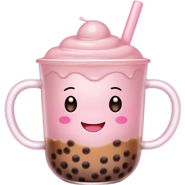 Cute Kawaii Boba Tea Cup, with a happy smiling face, chubby round shape, pastel pink and brown colors, soft glowing highlights, adorable tapioca pearls floating inside, sparkling eyes full of joy! emoji