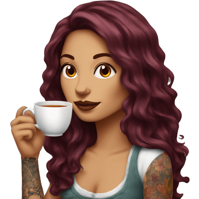 Beautiful tattooed  burgundy long haired woman sipping tea emoji