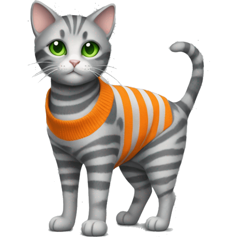 A striped grey cat with green eyes with orange sweater in full growth emoji