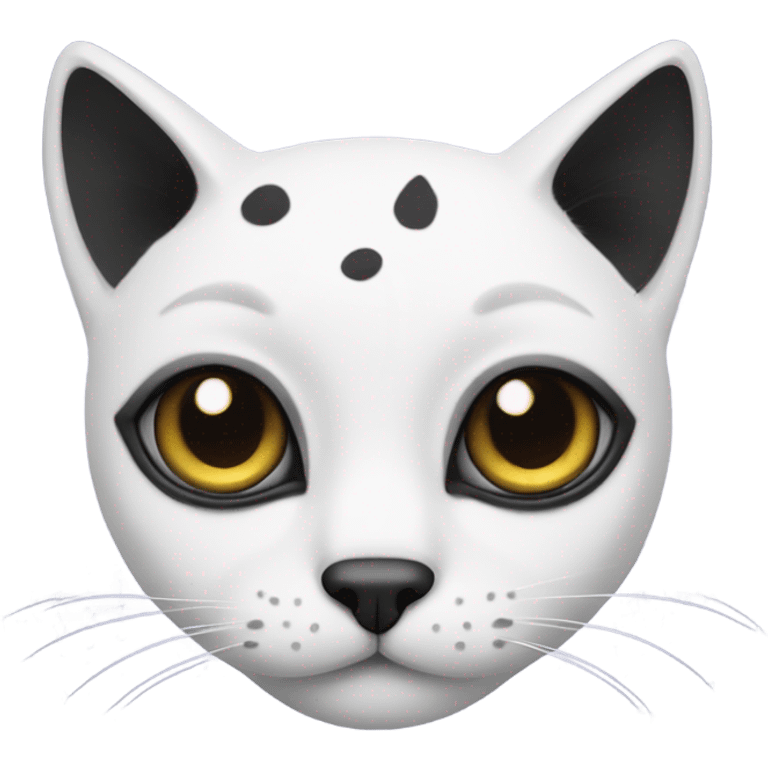 White cat with a few large black spots and black ears and a half of a black mustache on left side  emoji