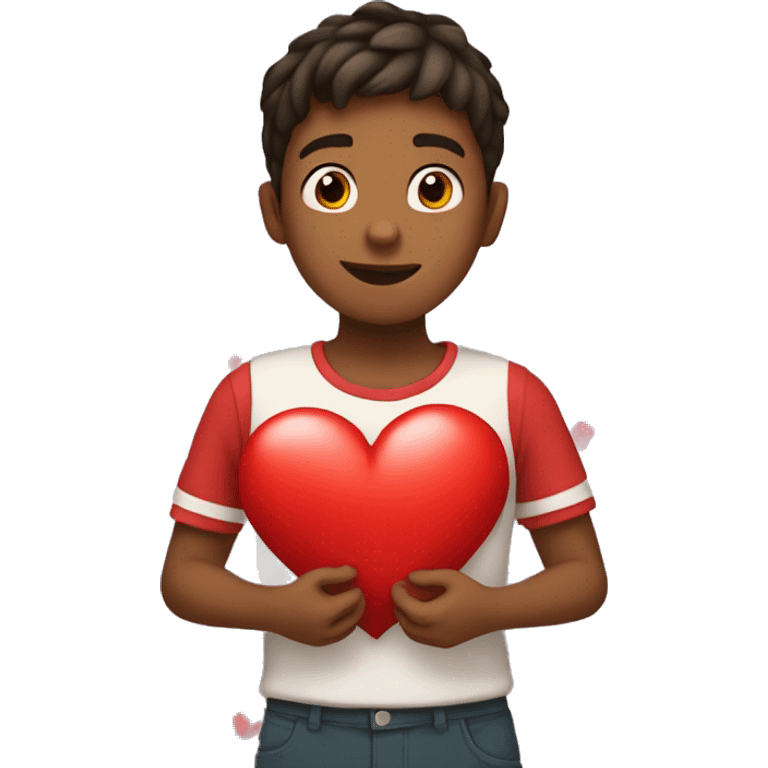 A boy who is holding the heart with lots of hearts around it  emoji