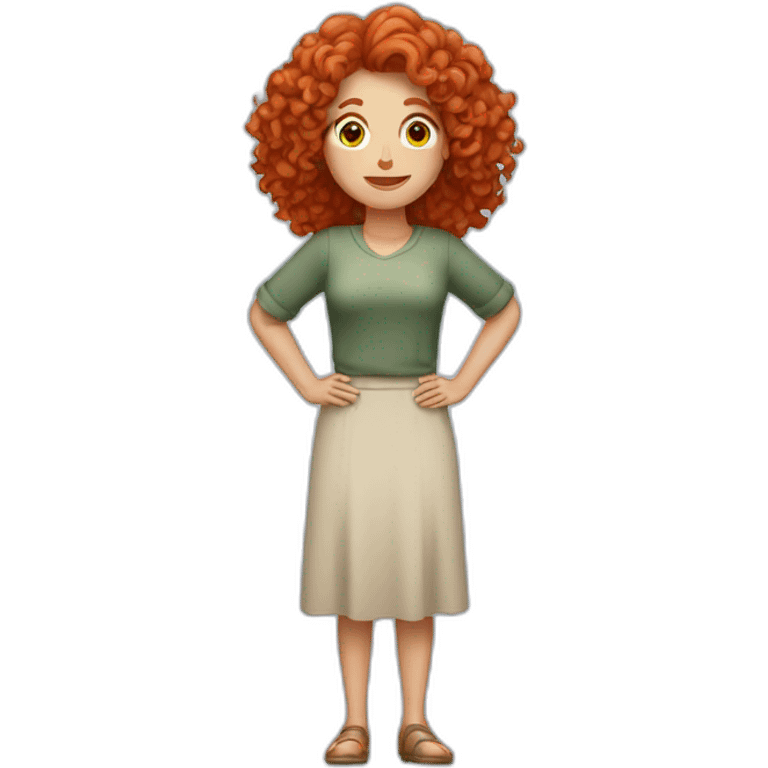 white woman with curly red hair standing upright with arms out to the sides emoji