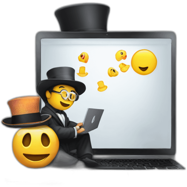 a magician programming a laptop with an emoji of a truck on the laptop screen emoji