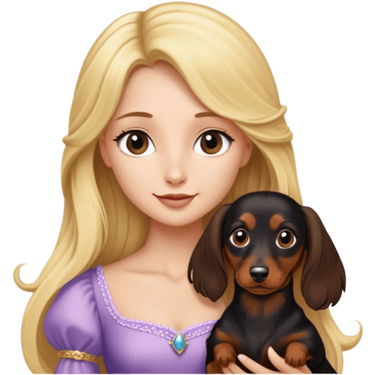 Blonde princess holding a Long haired black and brown dachshund  emoji