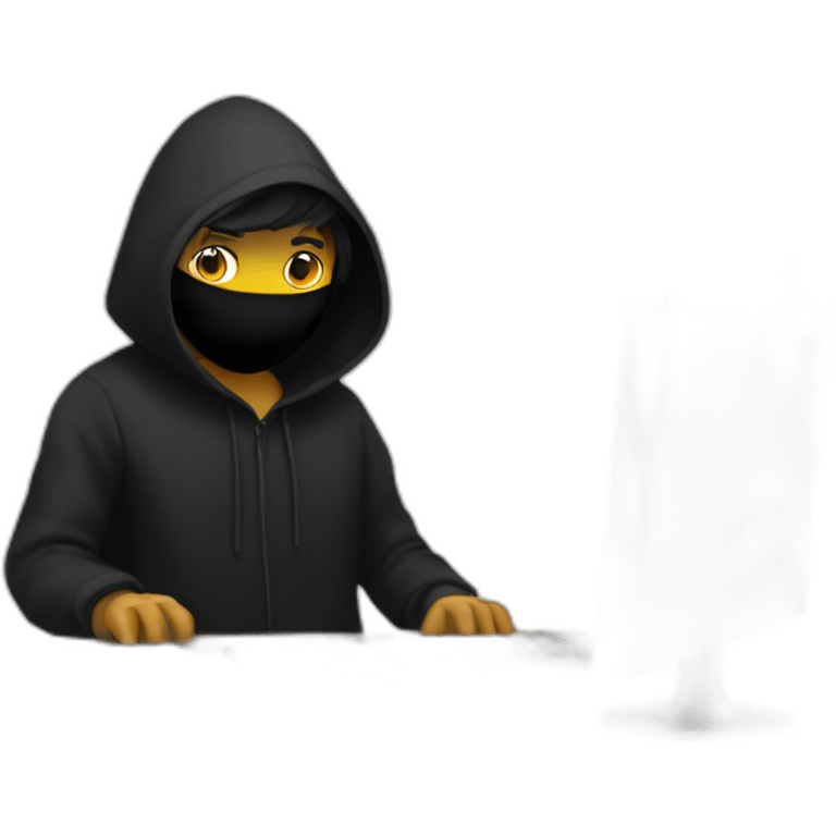 Developer with a black hood behind his computer and focus on his code  emoji