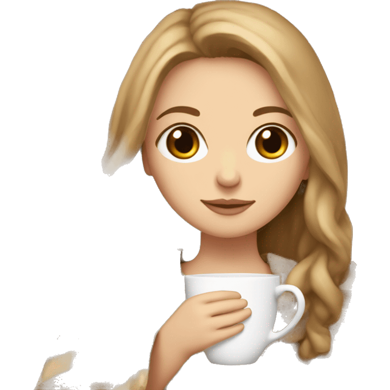 white girl with light brown long hair and brown eyes with blanket wrapped about shoulders and sipping tea emoji