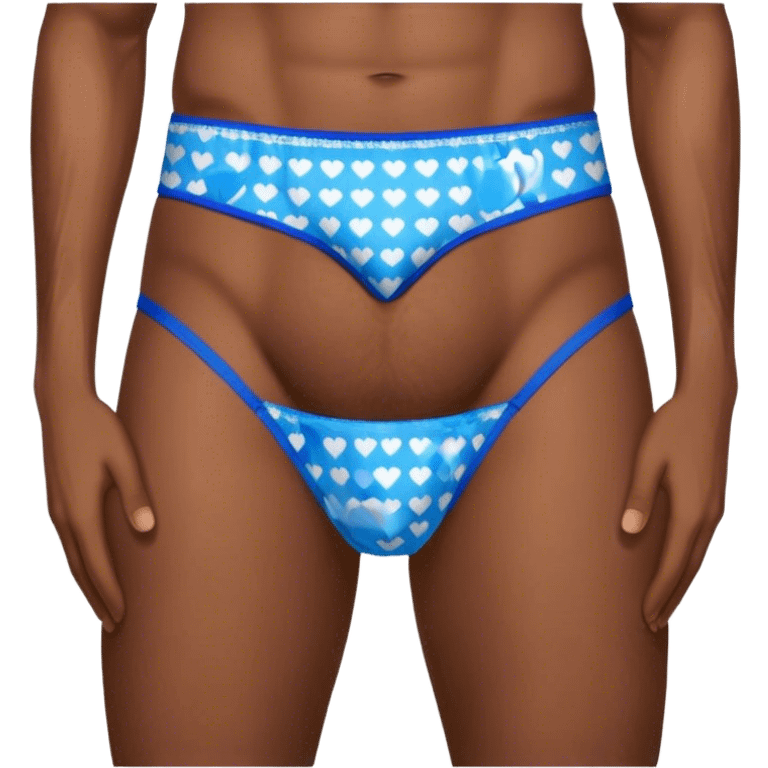 Blue heart patterned men’s briefs hands on hips brown skin emoji