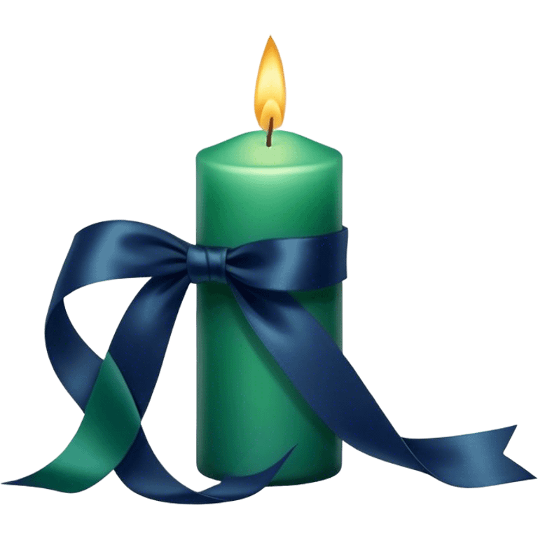 A charmingly arranged composition of a glass candle in a rich emerald shade, placed next to a carefully folded navy blue ribbon. emoji