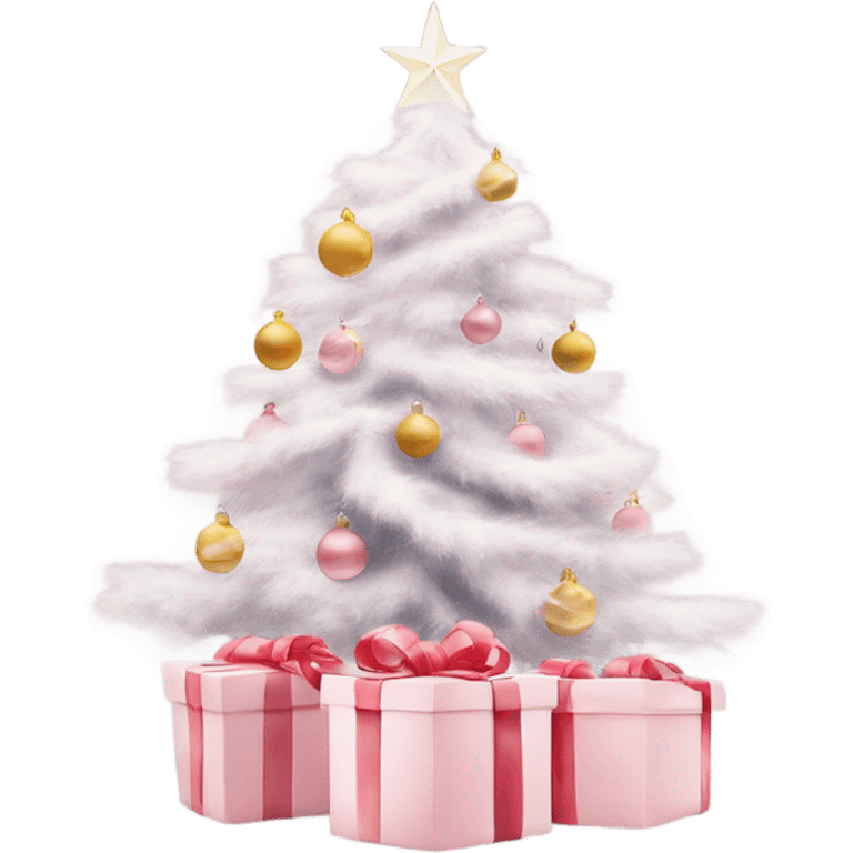 Light pink Christmas gifts under a white Christmas tree  emoji