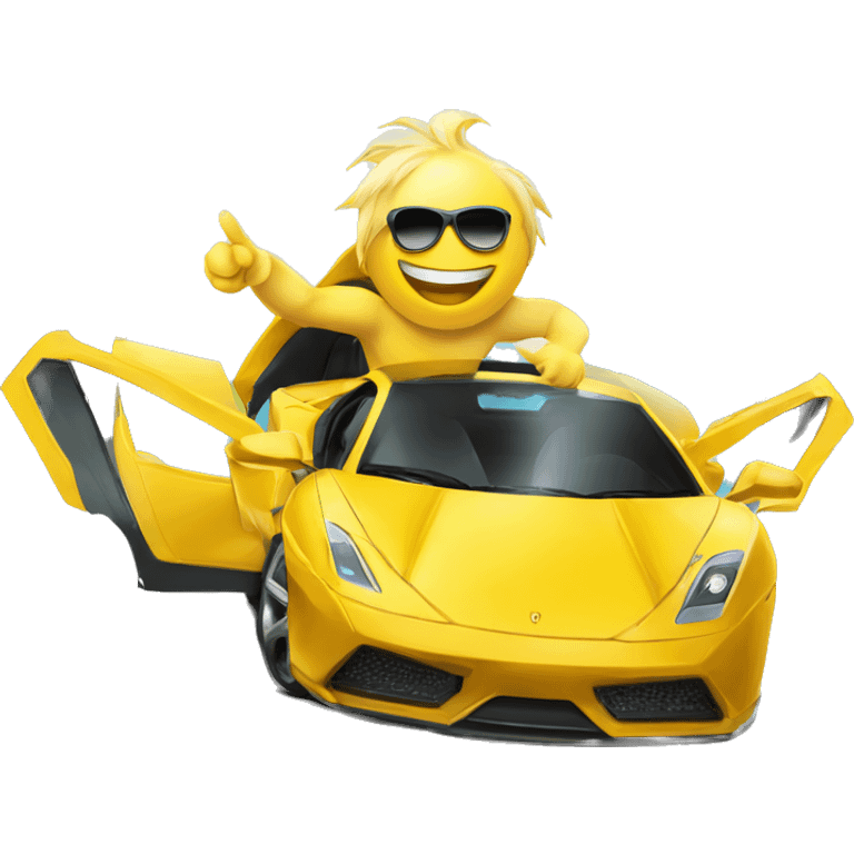 yellow circle with sunglasses and mortaboard stepping out of Supercar pointing towards us with smile emoji