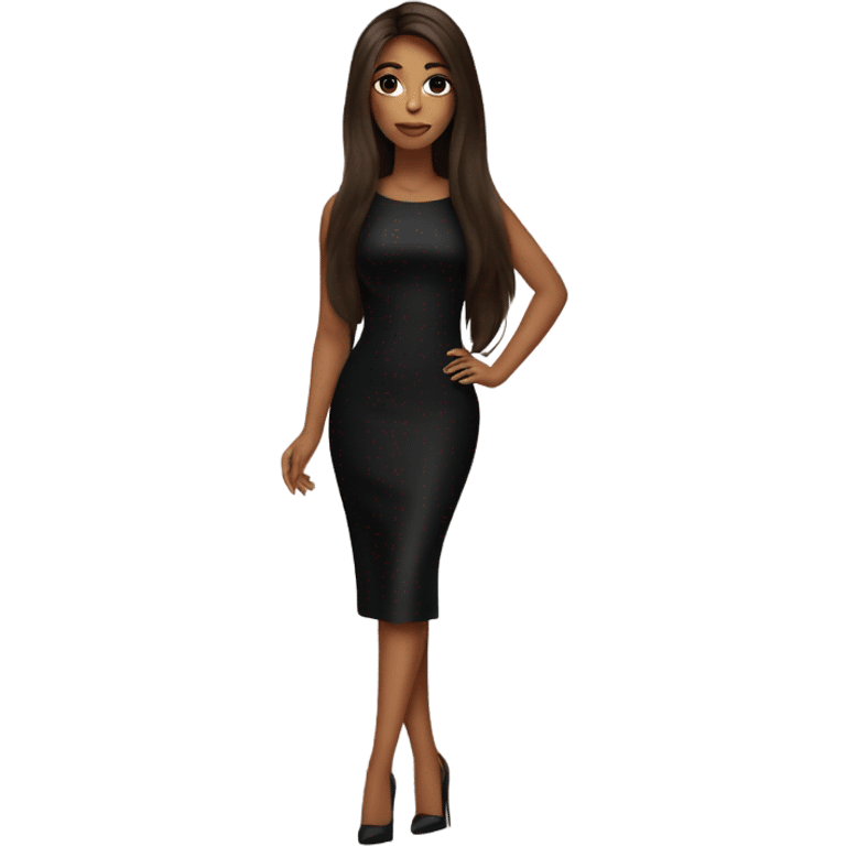 Girl wearing long black bodycon dress with lashes and makeup on and long straight brown silky hair and wearing black heels  emoji