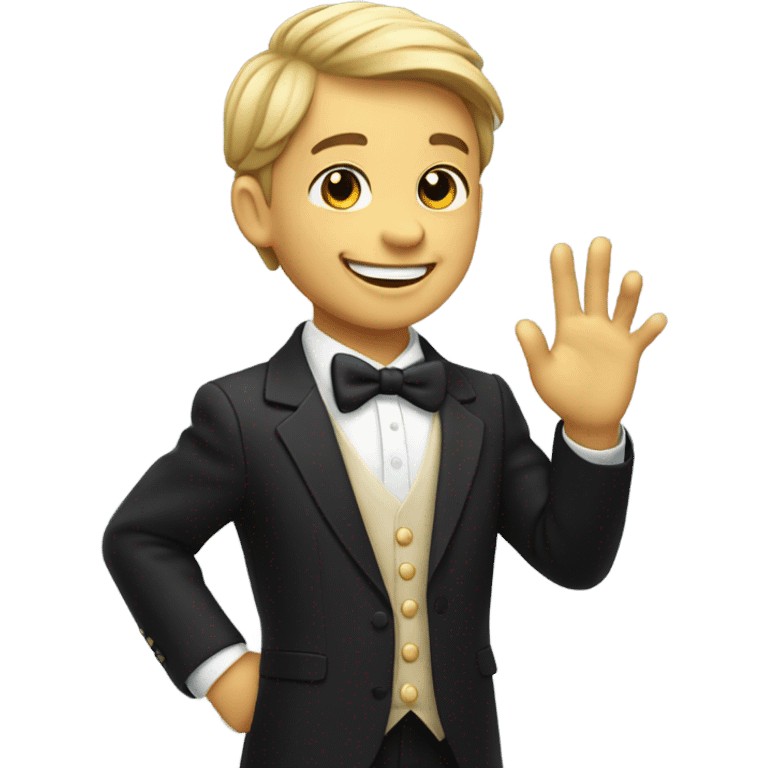 smiling boy in formal attire, waves his right hand Hello! emoji