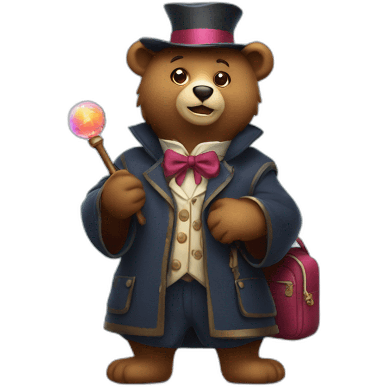 a bear magician holding a wand and wearing a school bag with magic effects in the background emoji