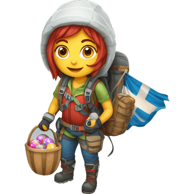 Female winter mountain climber red loose hair climbing with Greek flag on backpack and holding Easter eggs basket emoji