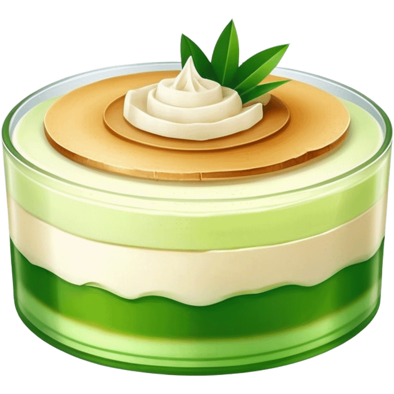 Coconut Pandan Jelly Cinematic Realistic Coconut Pandan Jelly Dessert Emoji, depicted as a layered jelly with distinct strata of coconut and pandan flavors, rendered with delicate textures and vibrant, tropical lighting. emoji