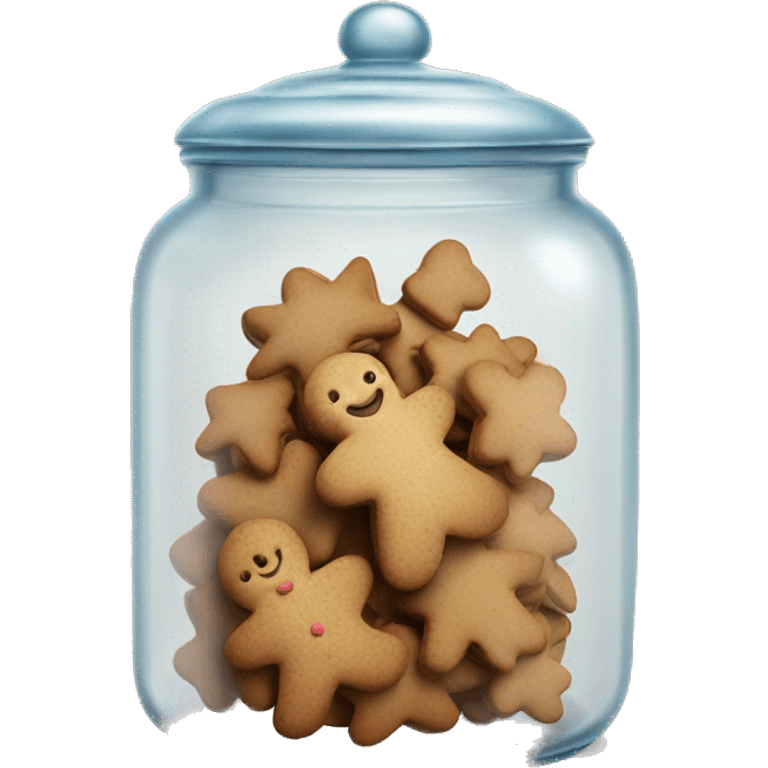 Realistic glass cookie jar with lid full of gingerbread with icing cookies isolated.  emoji