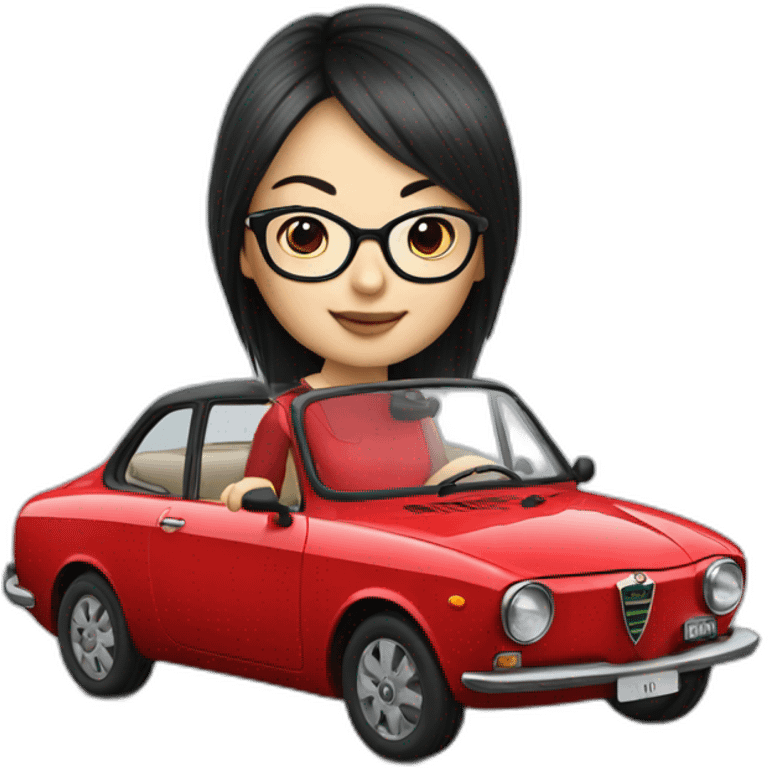 chinese girl with glasses drving red  alfa romeo emoji