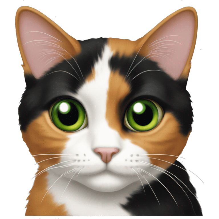 calico cat with a mix of black, orange, and white fur, green eyes emoji