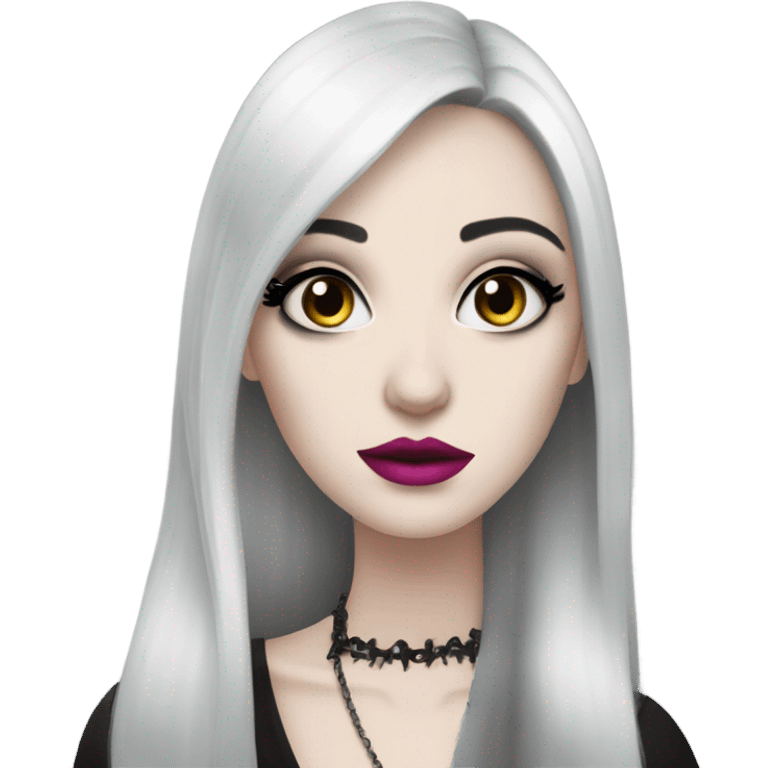 Very pale woman with long dark hair and gothic makeup and medium pink lips  emoji