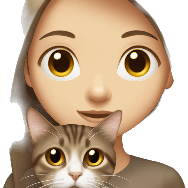 pale girl with long dark brown hair, holding a brown tabby cat emoji