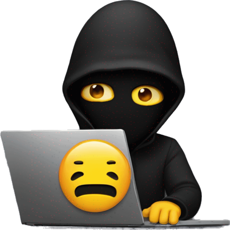  having a  laptop, and in that laptop is . make that emoji background is black. the programmer face is hidden in shadow with a black facemask , and his laptop is face towars right and his programming in laptop display is  shown emoji