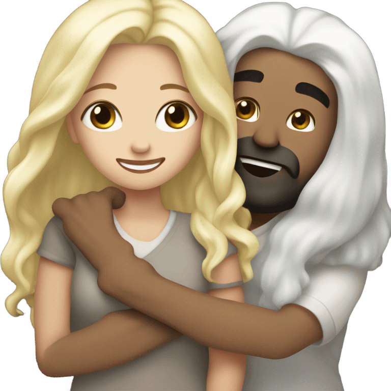 Man, white skin, black hair, long beard hugging white woman, long blonde hair  emoji