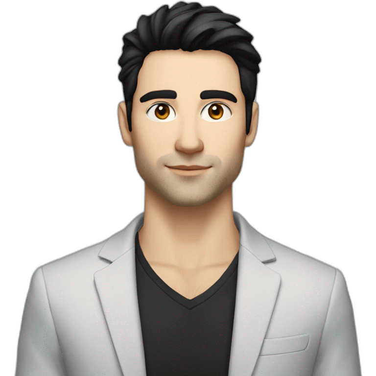 man, blue eyes, 30 years old, white skin, black hair, blazer with t-shirt, good looking emoji