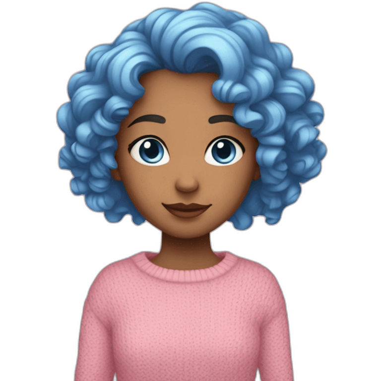 A girl, with curly blue hair, blue eyes, wearing a pink sweater, fair-skinned emoji