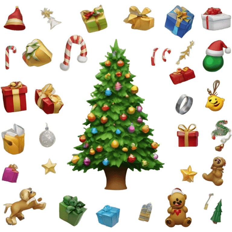 Christmas tree with full of accessories and many gift at the bottom  emoji