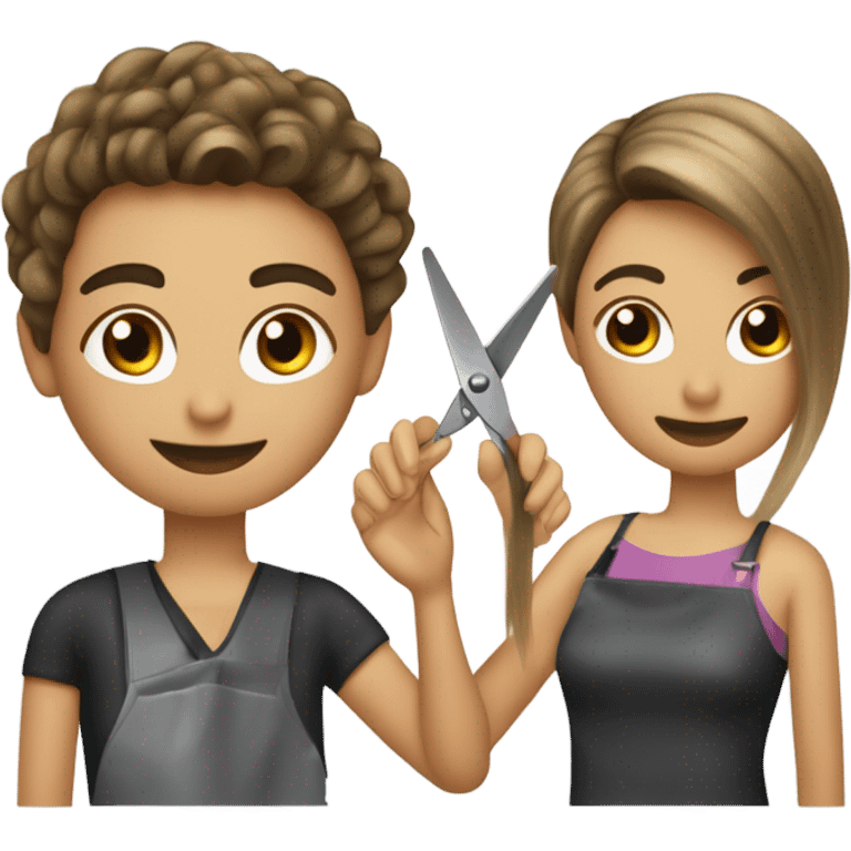 “Create an emoji depicting a hairdresser styling a client’s hair. The hairdresser is holding scissors or a comb, and the client is sitting on a chair. Include details such as the client’s hair and professional tools in the hairdresser’s hands.” emoji