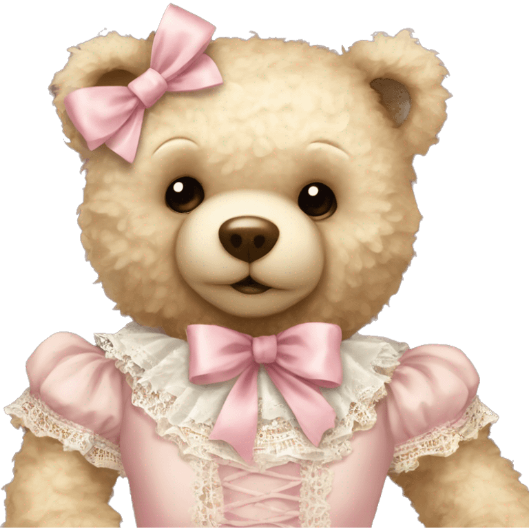 vintage rococo teddy bear with a light pink bow that has lace and frills emoji