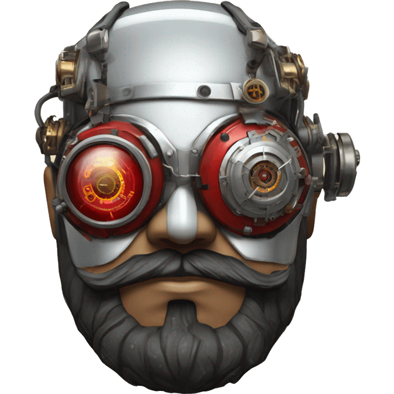 Fat cyborg head with red silver steampunk goggles, black beard and circuits emoji