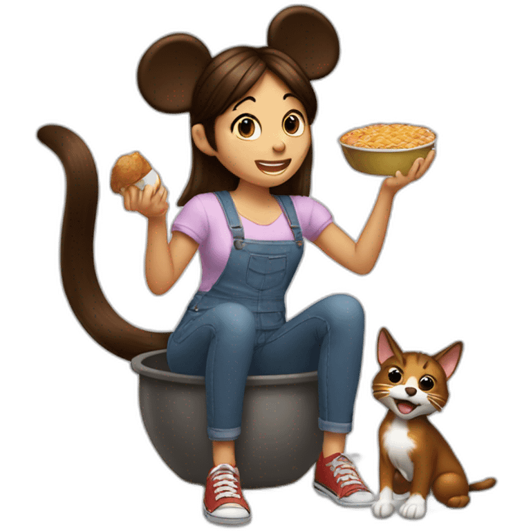 Woman medium brown half tail hair,eating A pot of spread,  with mickey mouse ears, near to a cat emoji