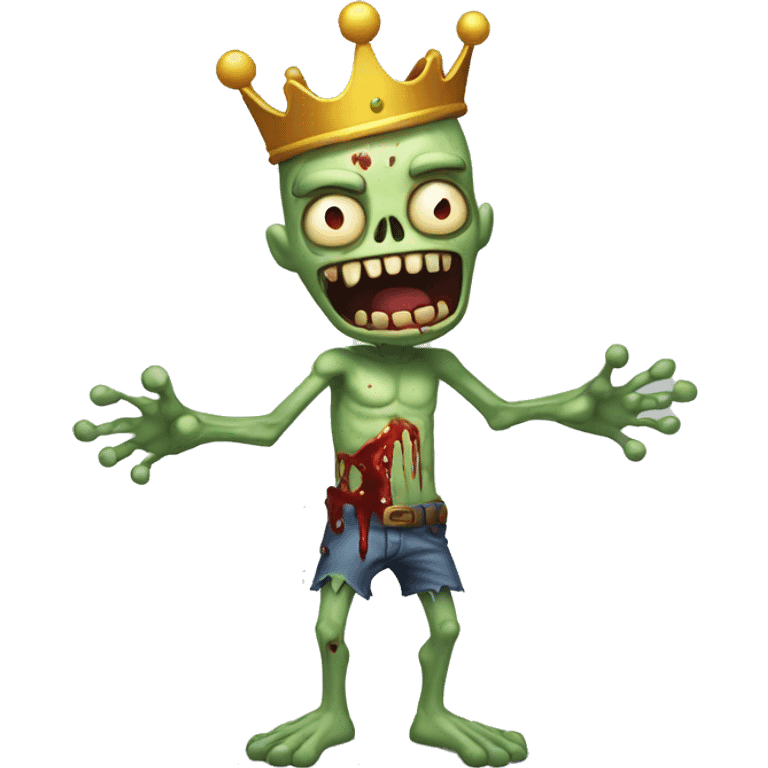 a cartoon zombie with a crown on its head,full body,make the zombie with his arms out in front of him and less bloody with no cloths and make his face smiling emoji