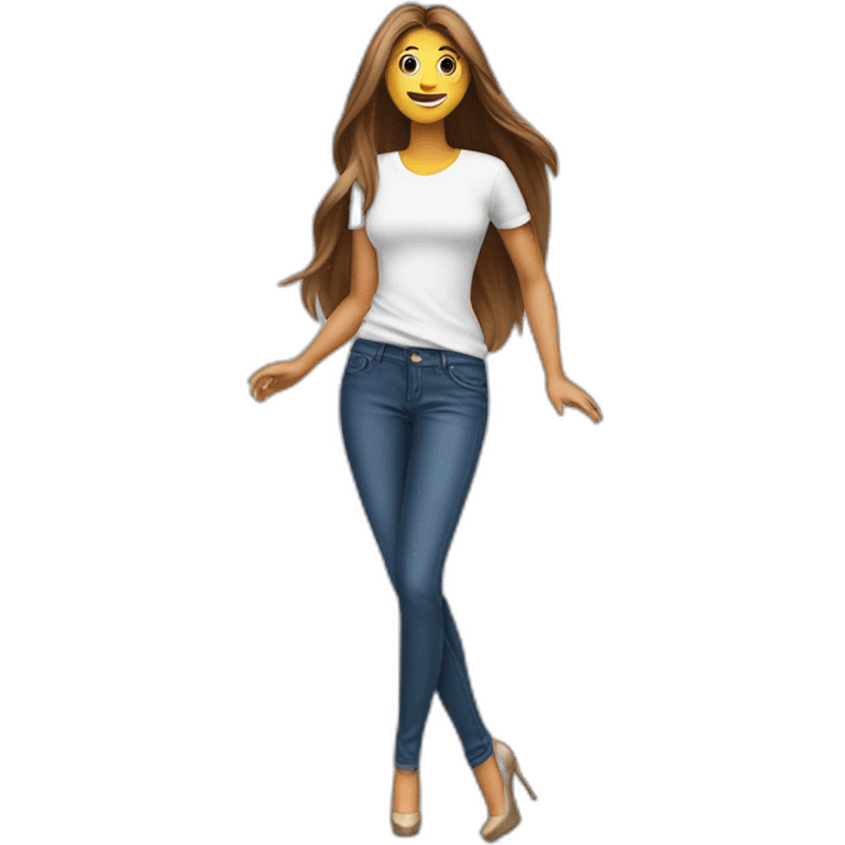 Woman with long hair dressing jeans with DNX Solutions Tshirt dancing in high heels emoji