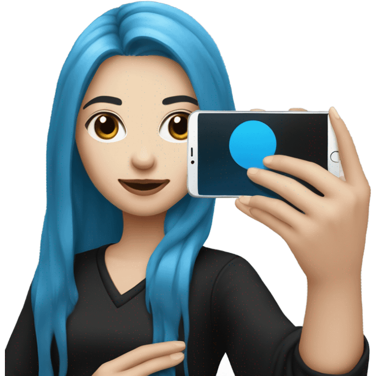 white skin girl with long blue hair in black clothes taking a selfie emoji