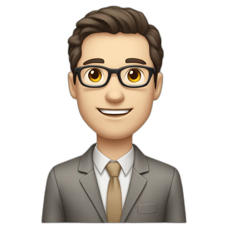 Pale skinned fit man with dark brown hair in gray jacket, beige office shirt, brown tie, brown pants and vintage glasses Writing on a marker board emoji