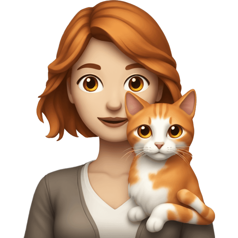 Woman with fair skin and long brown hair holding white and orange cat emoji