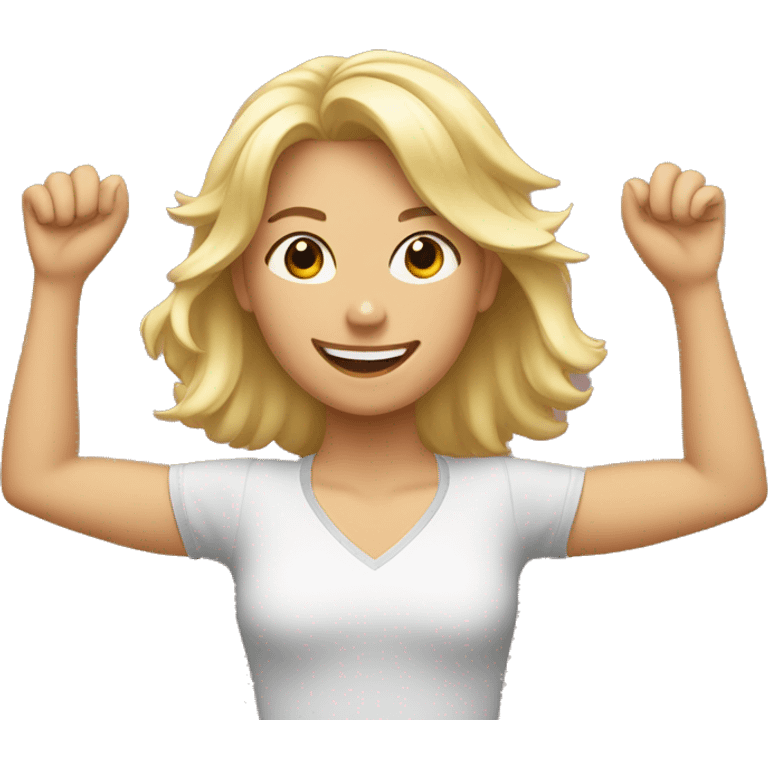 Blonde Girl with both hands in the air. Happy, frontal view above waist only. Enjoying emoji