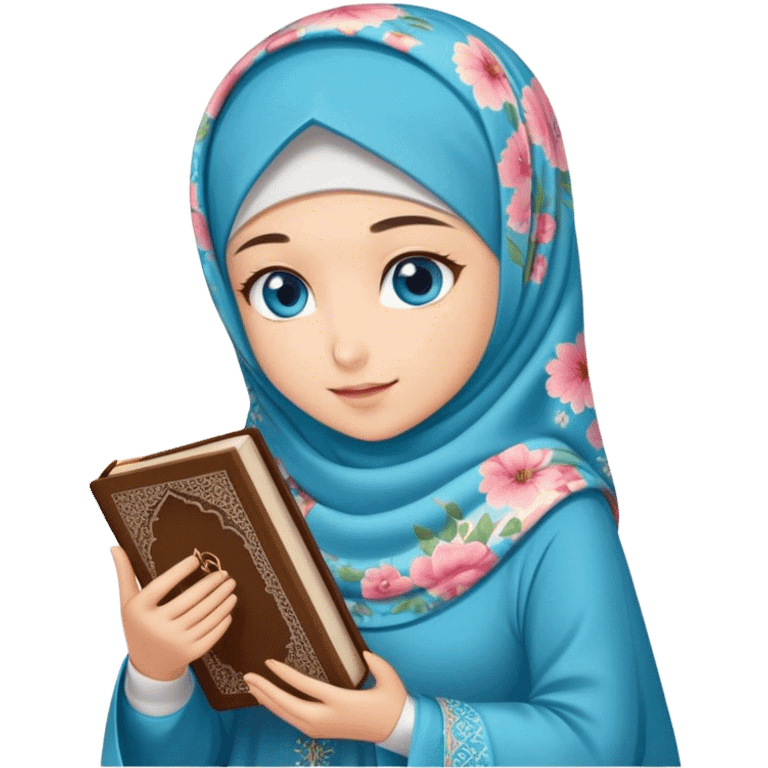 Turkish beautiful finish Konya girl blue eyes with hijab and floral dress have Quran  emoji