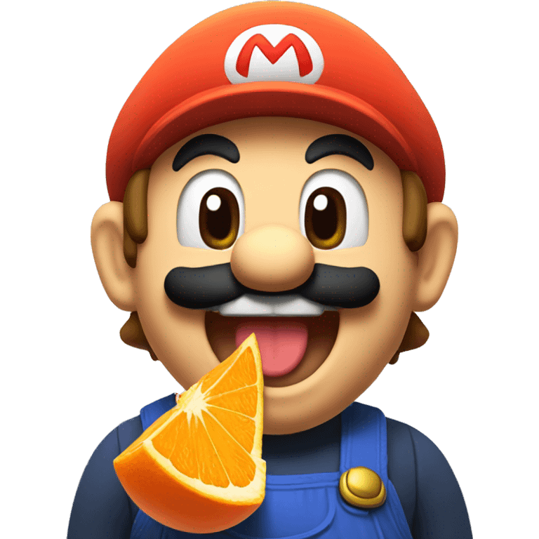 Mario eating a giant orange and laughing emoji