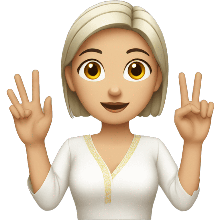 A lady with white kurti showing three fingers in one hand emoji