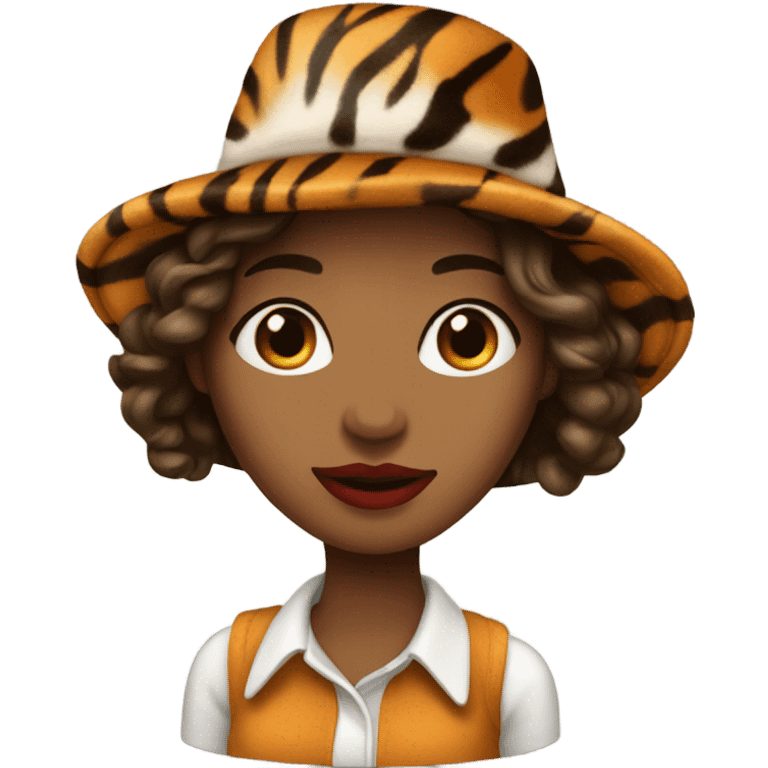 woman with brown long hair and tiger hat, red lips emoji