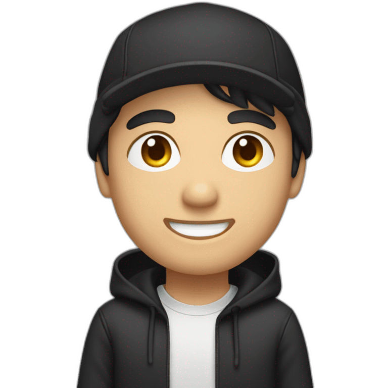 Strong smiling Male caucasian Designer With black hair wearing flat bill hat and black hoodie emoji