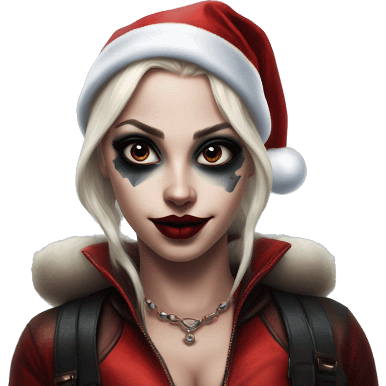 Santa Claus Jasmine in Harley Quinn style, oil paint, mysterious eyes, intricate lips, masterpiece portrait, odd perspective, beautiful, desirable, logical emoji